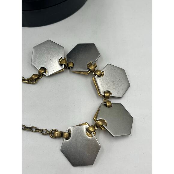 J. Crew Vintage Goldtone Silver Geometric Turquoise Cabochon Egyptian Necklace - Picture 6 of 9